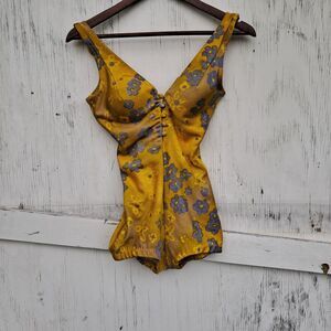 Vintage 50s Jantzen One Piece Swim Suit S M 10 Floral Maillot Mod Pin Up Gold